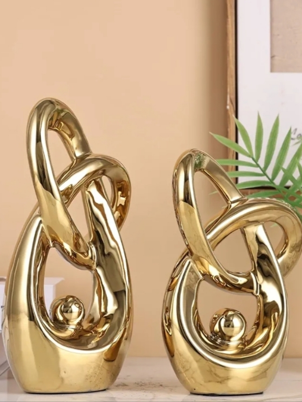 NEW Pair of Abstract Sculptures in Shiny Gold Finish Art Home Decor.